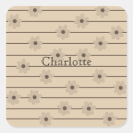 横型ストライプブラウンカーキフラワーY2Kパターン スクエアシール