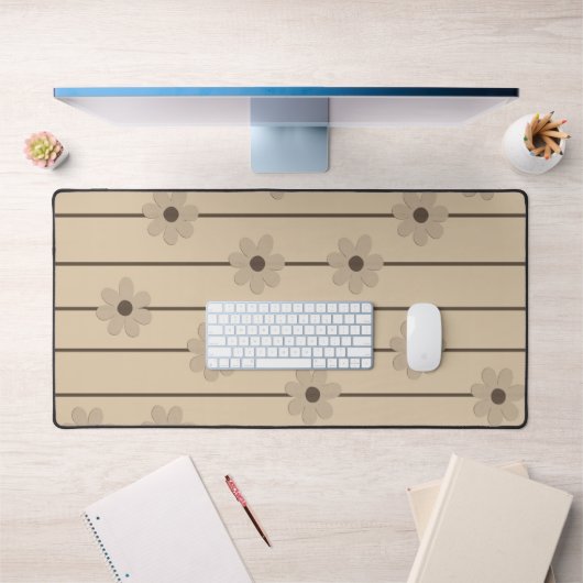 横型ストライプブラウンカーキフラワーY2Kパターン デスクマット (オフィス1)
