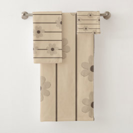 横型ストライプブラウンカーキフラワーY2Kパターン バスタオルセット