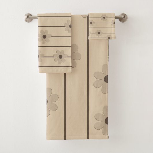 横型ストライプブラウンカーキフラワーY2Kパターン バスタオルセット (インサイチュ)