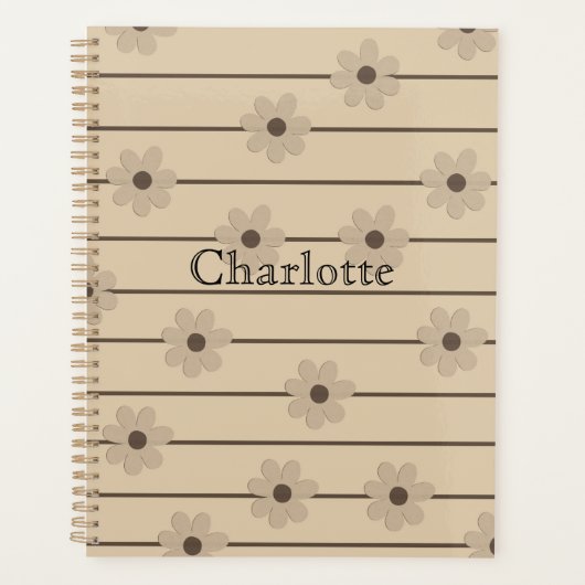 横型ストライプブラウンカーキフラワーY2Kパターン プランナー手帳 (正面)