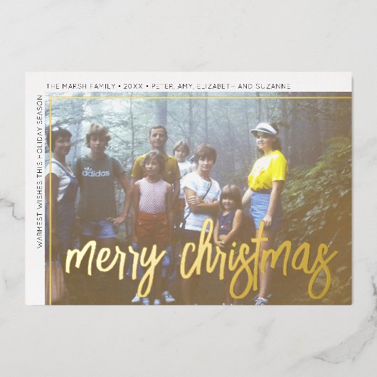 横型フォトアーチグリーン巨大スクリプトクリスマス 箔シーズンカード (正面)