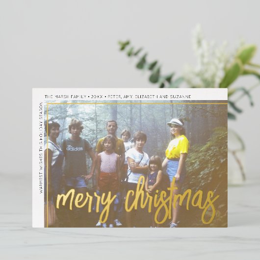 横型フォトアーチグリーン巨大スクリプトクリスマス 箔シーズンカード (立ち正面)