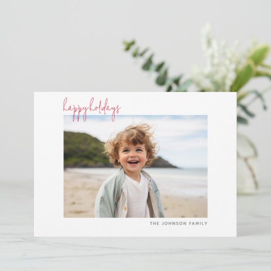 横型フォトクリスマススクリプトミニマルハッピー シーズンカード (スタンド正面)