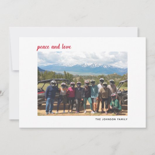 横型フォトクリスマススクリプト赤い格子平和 シーズンカード (正面)