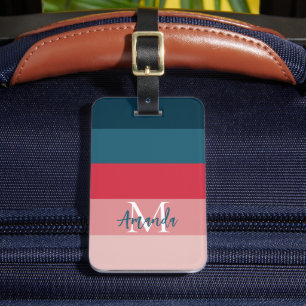 横型モダンストライプピンク&ブルーモノグラム ラゲッジタグ