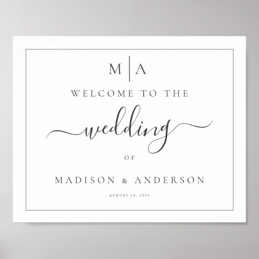 横書きモノグラム結婚のサイン ポスター (正面)