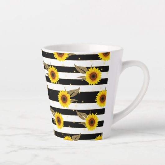 横線（白と黒）のひまわり カフェラテマグ (右)
