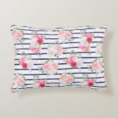 横置きバラ牡丹ストライプ上の花柄 アクセントクッション (正面)