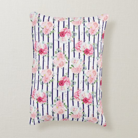 横置きバラ牡丹ストライプ上の花柄 アクセントクッション (裏面(縦))