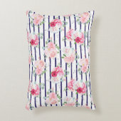 横置きバラ牡丹ストライプ上の花柄 アクセントクッション (正面(垂直))