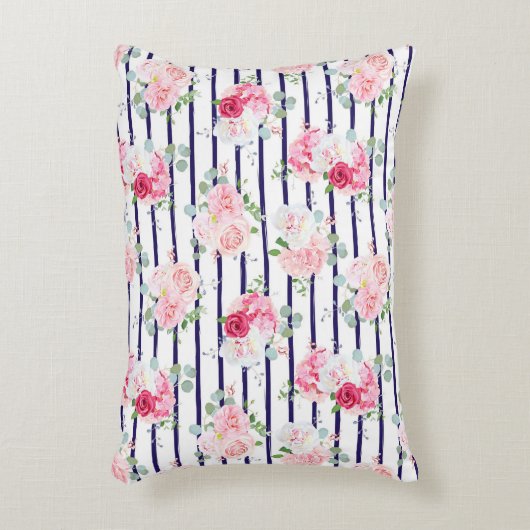 横置きバラ牡丹ストライプ上の花柄 アクセントクッション (正面(垂直))