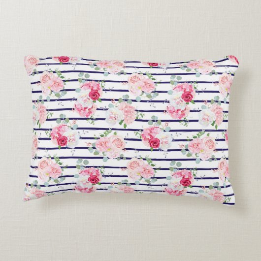 横置きバラ牡丹ストライプ上の花柄 アクセントクッション (裏面)