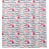 横置きバラ牡丹ストライプ上の花柄 シャワーカーテン (正面)