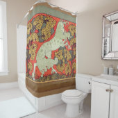 横行する白馬、ウッドランドの木々アールヌーボー シャワーカーテン (インサイチュ)