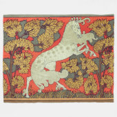 横行する白馬、ウッドランドの木々アールヌーボー フリースブランケット (正面(横))