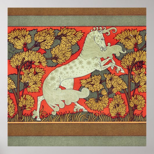 横行する白馬、ウッドランドの木々アールヌーボー ポスター (正面)