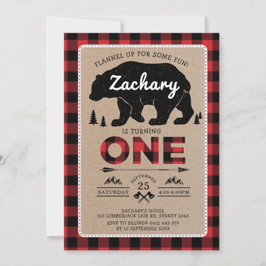 樵くまのタータンチェックの第1誕生日の森林パーティー 招待状 (正面)