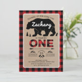 樵くまのタータンチェックの第1誕生日の森林パーティー 招待状 (スタンド正面)