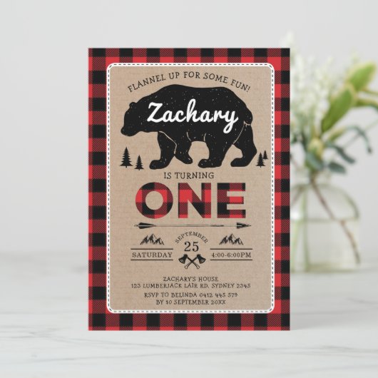 樵くまのタータンチェックの第1誕生日の森林パーティー 招待状 (スタンド正面)