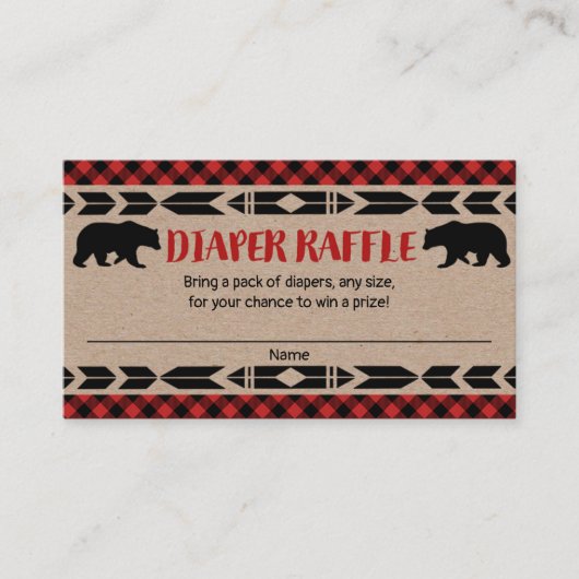 樵くまの男の子のベビーシャワーのおむつのラッフルカード エンクロージャーカード (正面)