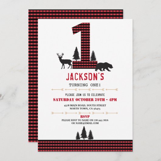 樵のフランネル最初1誕生会の招待 招待状 (正面/裏面)