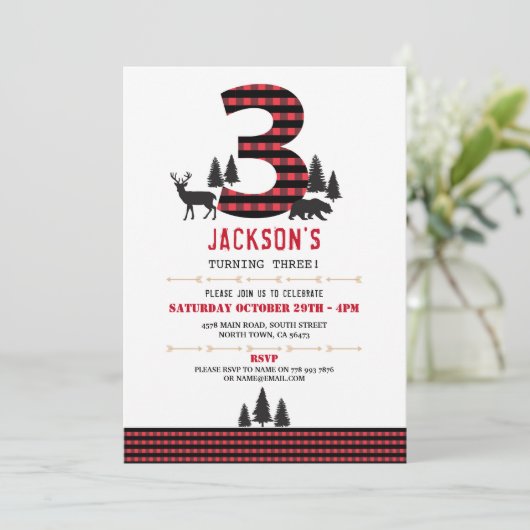 樵のフランネル第3 3つの誕生日のパーティの招待状 招待状 (スタンド正面)