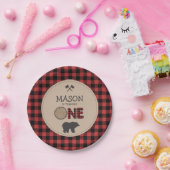 樵の最初誕生日の紙皿の赤の格子縞 ペーパープレート (パーティー)