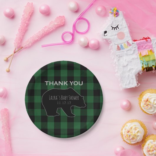 樵の格子縞の緑|の森林男の子のベビーシャワー ペーパープレート (パーティー)