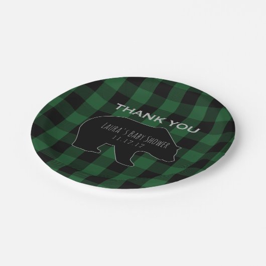 樵の格子縞の緑|の森林男の子のベビーシャワー ペーパープレート (アングル)