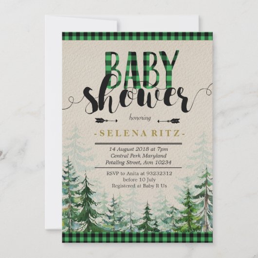 樵の緑の格子縞の男の子のベビーシャワーの招待状 招待状 (正面)