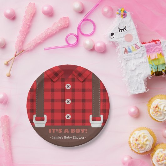 樵の赤いバッファローの格子縞の男の赤ちゃんのシャワーのプレート ペーパープレート (パーティー)
