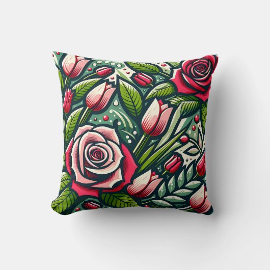 「樹冠付き様式化した赤いバラ」 クッション (正面)