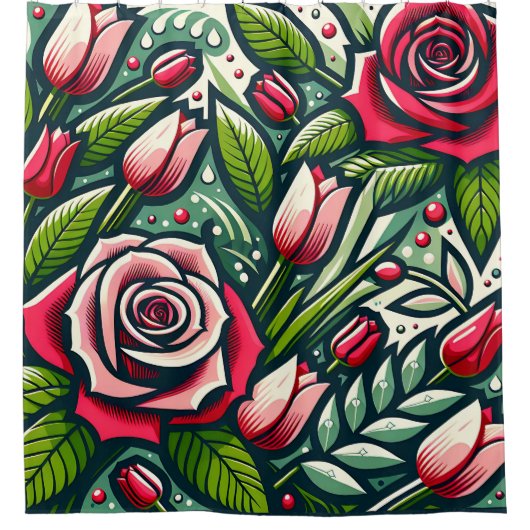 「樹冠付き様式化した赤いバラ」 シャワーカーテン (正面)