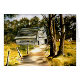 樹木が茂った景色の油絵の農家の納屋