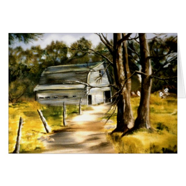 樹木が茂った景色の油絵の農家の納屋 (正面横)