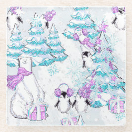 樹木とプレゼントを持つホッキョクグマとペンギン ガラスコースター