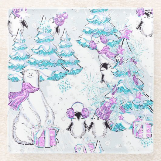 樹木とプレゼントを持つホッキョクグマとペンギン ガラスコースター (正面)