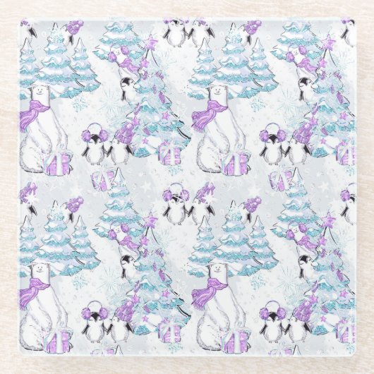 樹木とプレゼントを持つホッキョクグマとペンギン ガラスコースター (正面)