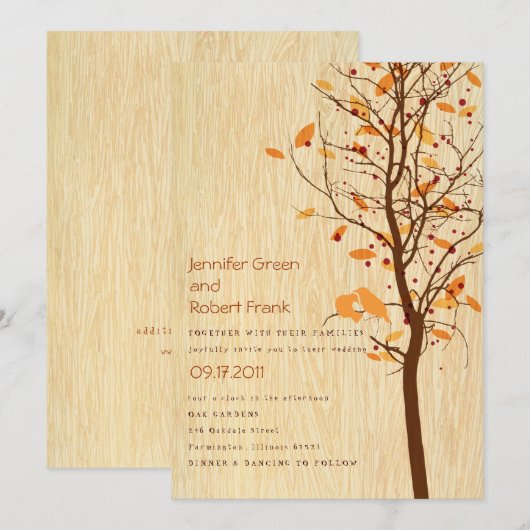 樹木に愛の鳥 - 秋 招待状 (正面/裏面)