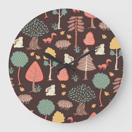 樹木の動物：手書きの自然シーン。 ラージ壁時計 (正面)