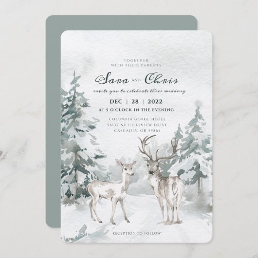 樹林冬の森(鹿の水彩付き) 招待状 (正面/裏面)