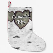 樹皮素朴木彫りハート緑の茶色 スモールクリスマスストッキング (正面)