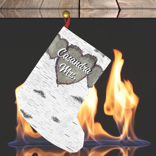 樹皮素朴木彫りハート緑の茶色 スモールクリスマスストッキング