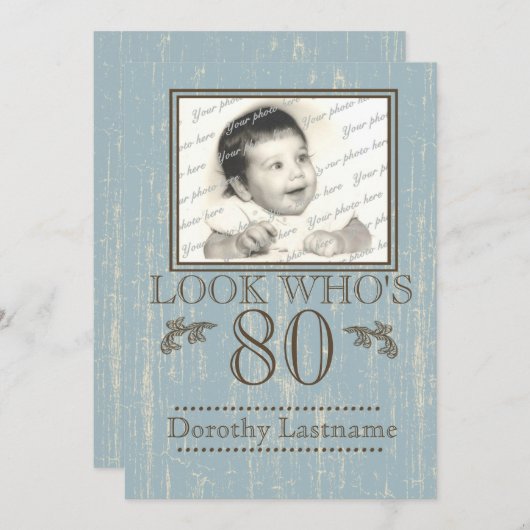 樹齢80番目の誕生日フォトブルー 招待状 (正面/裏面)