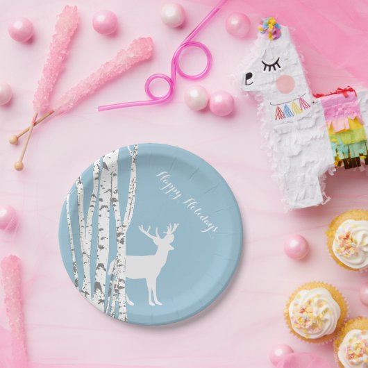 樺の木およびシカの休日の紙皿 ペーパープレート (パーティー)