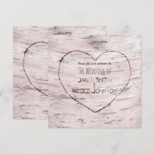 樺の木と彫りのハートの結婚式招待状 招待状 (正面/裏面)