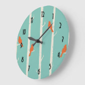 樺の木のイラストレーションのレトロのオレンジ鳥 ラージ壁時計 (傾斜)