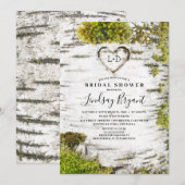 樺の木の彫刻ハート ナチュラル 秋のブライダルシャワー 招待状 (正面/裏面)