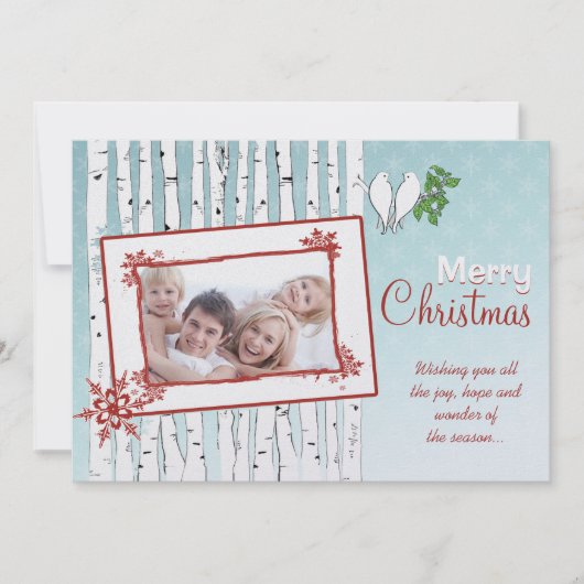 樺の木の木々白い鳥の赤いメリークリスマス シーズンカード (正面)